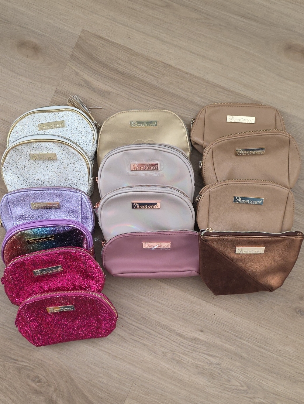 SeneGence Assorted Cosmetic Pouch Set — Pink, Purple, Gold, Beige. Set Of 14